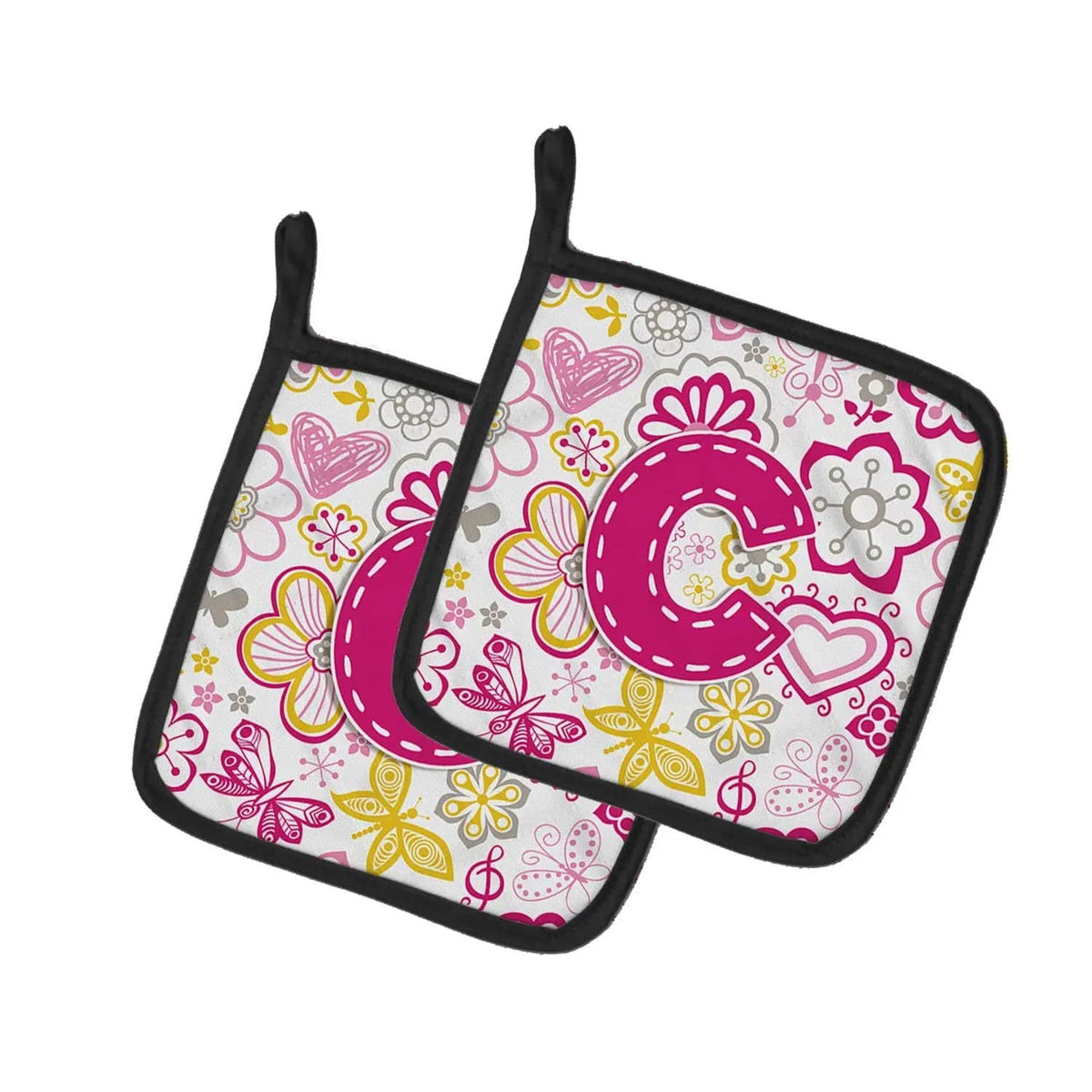 Pot Holder Set of 2 | Heat Resistant Quilted Hot Pads | 7.5 x 7.5 Inch | Letter C Flowers and Butterflies Pink