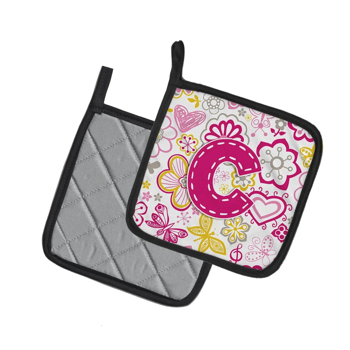 Pot Holder Set of 2 | Heat Resistant Quilted Hot Pads | 7.5 x 7.5 Inch | Letter C Flowers and Butterflies Pink
