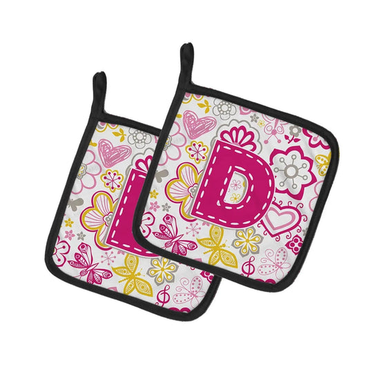 Pot Holder Set of 2 | Heat Resistant Quilted Hot Pads | 7.5 x 7.5 Inch | Letter D Flowers and Butterflies Pink