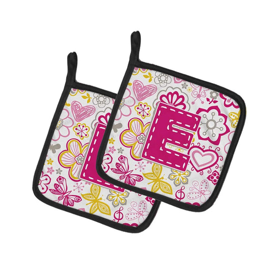 Pot Holder Set of 2 | Heat Resistant Quilted Hot Pads | 7.5 x 7.5 Inch | Letter E Flowers and Butterflies Pink