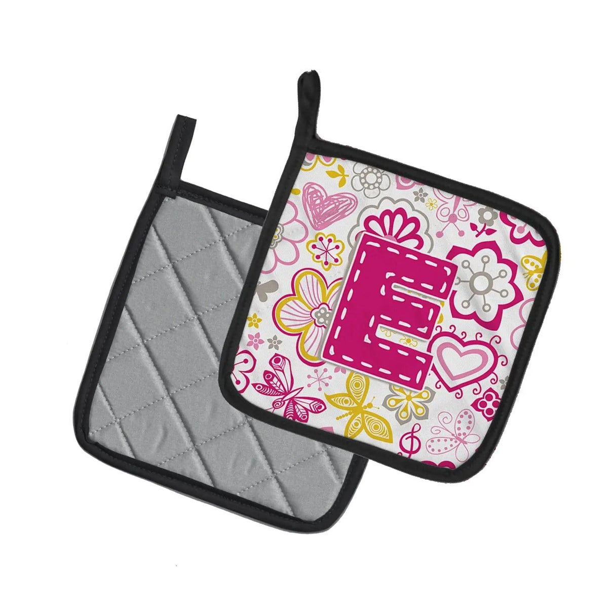 Pot Holder Set of 2 | Heat Resistant Quilted Hot Pads | 7.5 x 7.5 Inch | Letter E Flowers and Butterflies Pink