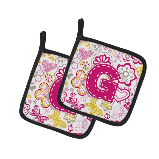 Pot Holder Set of 2 | Heat Resistant Quilted Hot Pads | 7.5 x 7.5 Inch | Letter G Flowers and Butterflies Pink