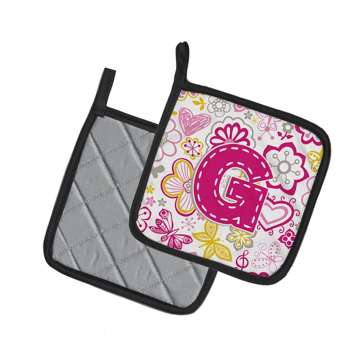 Pot Holder Set of 2 | Heat Resistant Quilted Hot Pads | 7.5 x 7.5 Inch | Letter G Flowers and Butterflies Pink