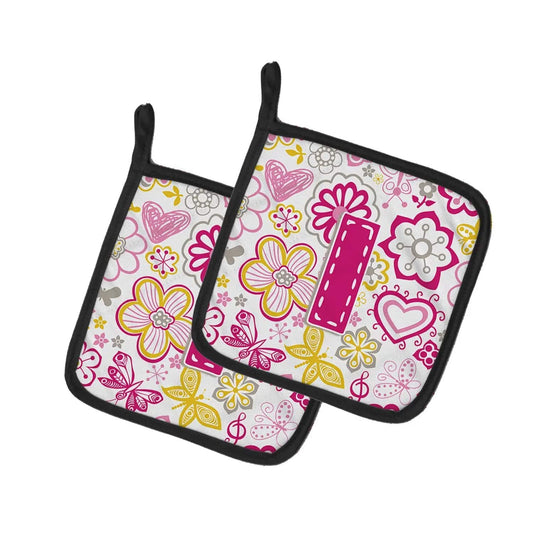 Pot Holder Set of 2 | Heat Resistant Quilted Hot Pads | 7.5 x 7.5 Inch | Letter I Flowers and Butterflies Pink