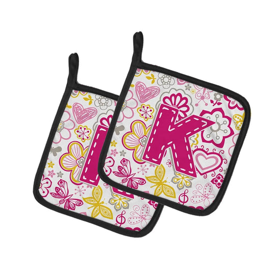 Pot Holder Set of 2 | Heat Resistant Quilted Hot Pads | 7.5 x 7.5 Inch | Letter K Flowers and Butterflies Pink