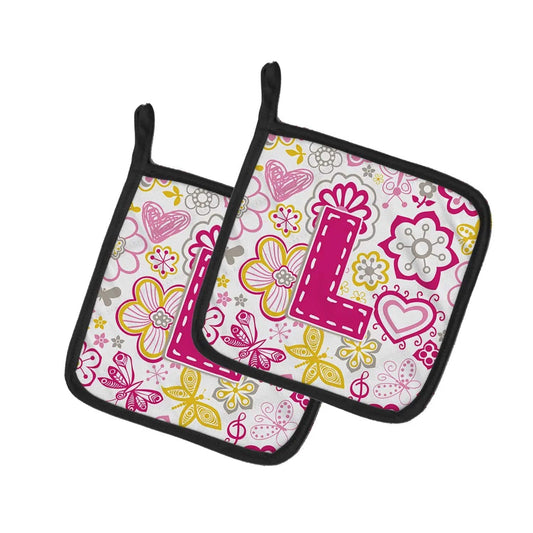 Pot Holder Set of 2 | Heat Resistant Quilted Hot Pads | 7.5 x 7.5 Inch | Letter L Flowers and Butterflies Pink