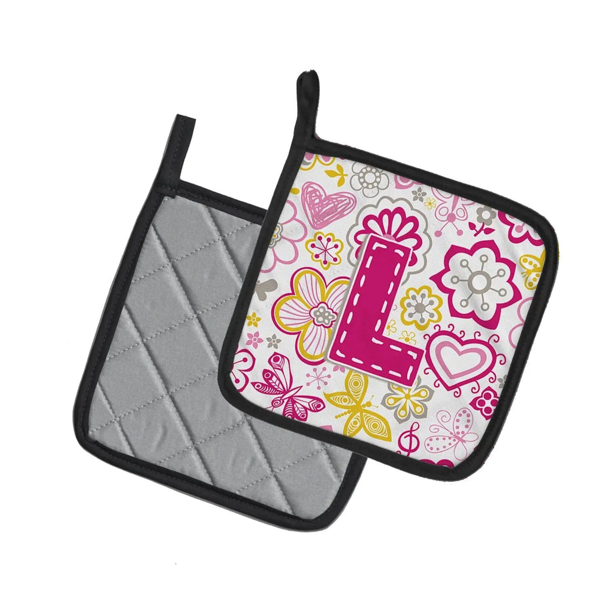 Pot Holder Set of 2 | Heat Resistant Quilted Hot Pads | 7.5 x 7.5 Inch | Letter L Flowers and Butterflies Pink