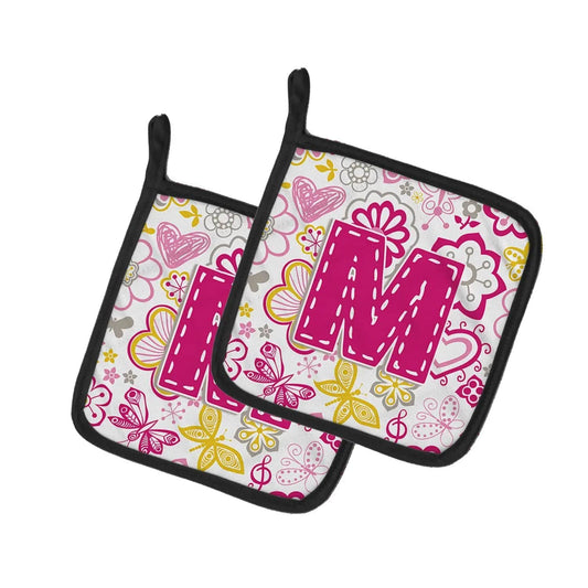 Pot Holder Set of 2 | Heat Resistant Quilted Hot Pads | 7.5 x 7.5 Inch | Letter M Flowers and Butterflies Pink