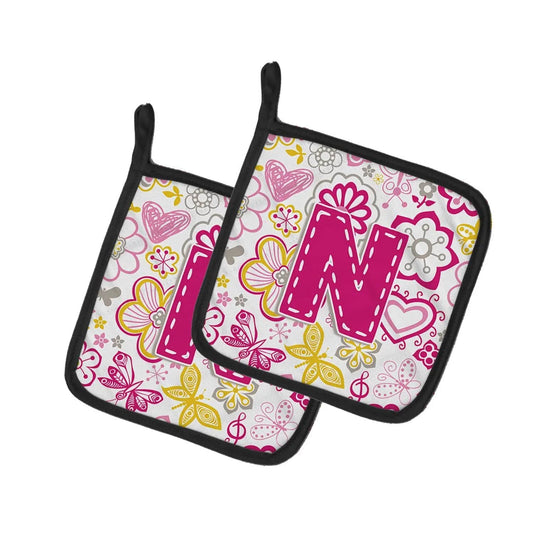 Pot Holder Set of 2 | Heat Resistant Quilted Hot Pads | 7.5 x 7.5 Inch | Letter N Flowers and Butterflies Pink