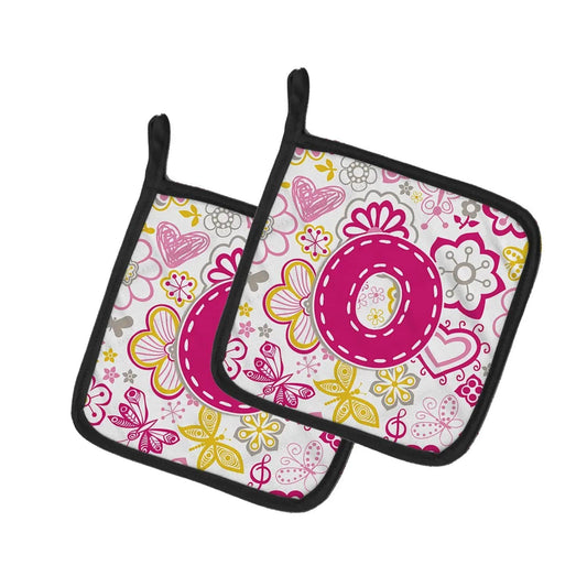 Pot Holder Set of 2 | Heat Resistant Quilted Hot Pads | 7.5 x 7.5 Inch | Letter O Flowers and Butterflies Pink
