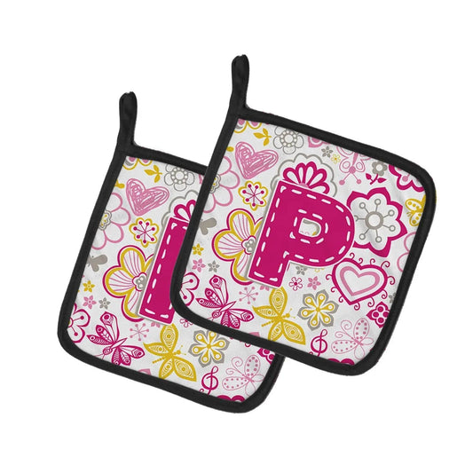 Pot Holder Set of 2 | Heat Resistant Quilted Hot Pads | 7.5 x 7.5 Inch | Letter P Flowers and Butterflies Pink