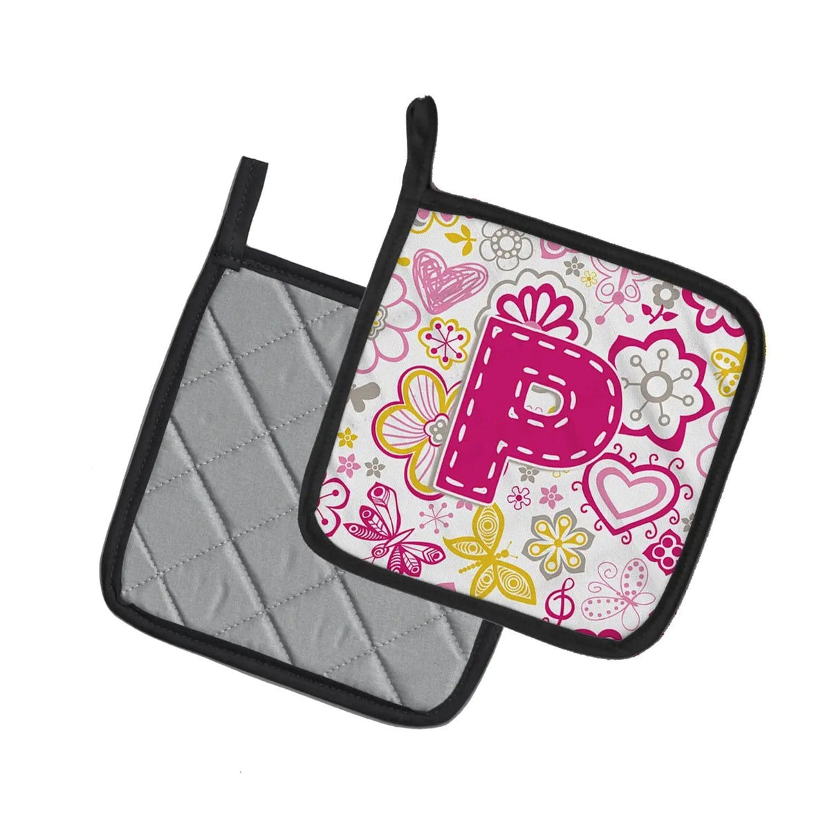 Pot Holder Set of 2 | Heat Resistant Quilted Hot Pads | 7.5 x 7.5 Inch | Letter P Flowers and Butterflies Pink