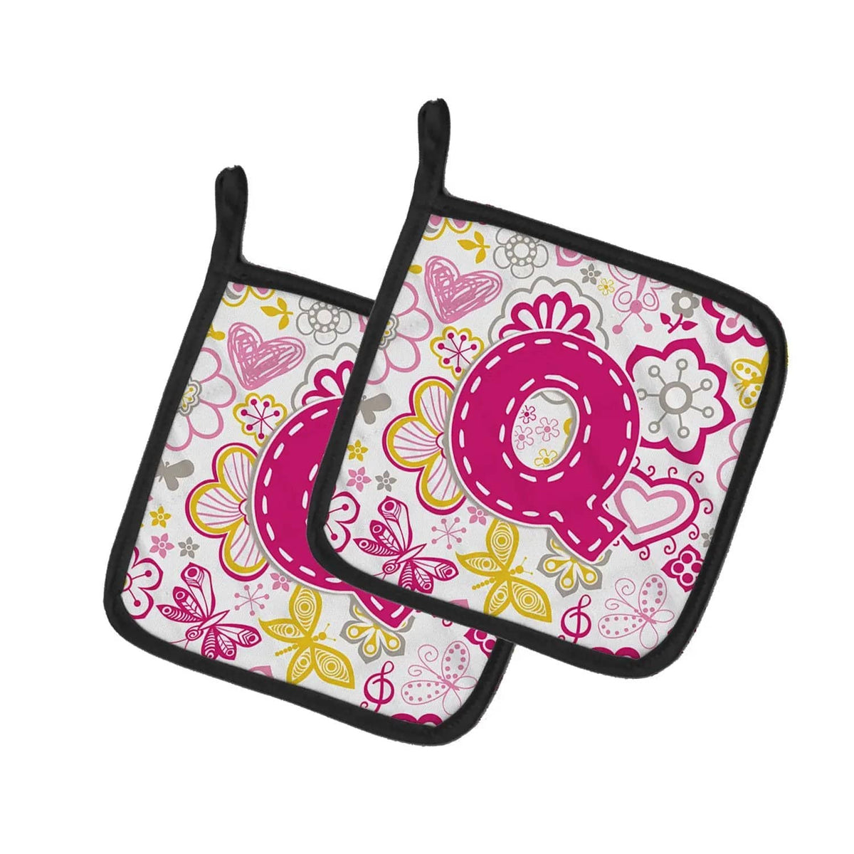Pot Holder Set of 2 | Heat Resistant Quilted Hot Pads | 7.5 x 7.5 Inch | Letter Q Flowers and Butterflies Pink