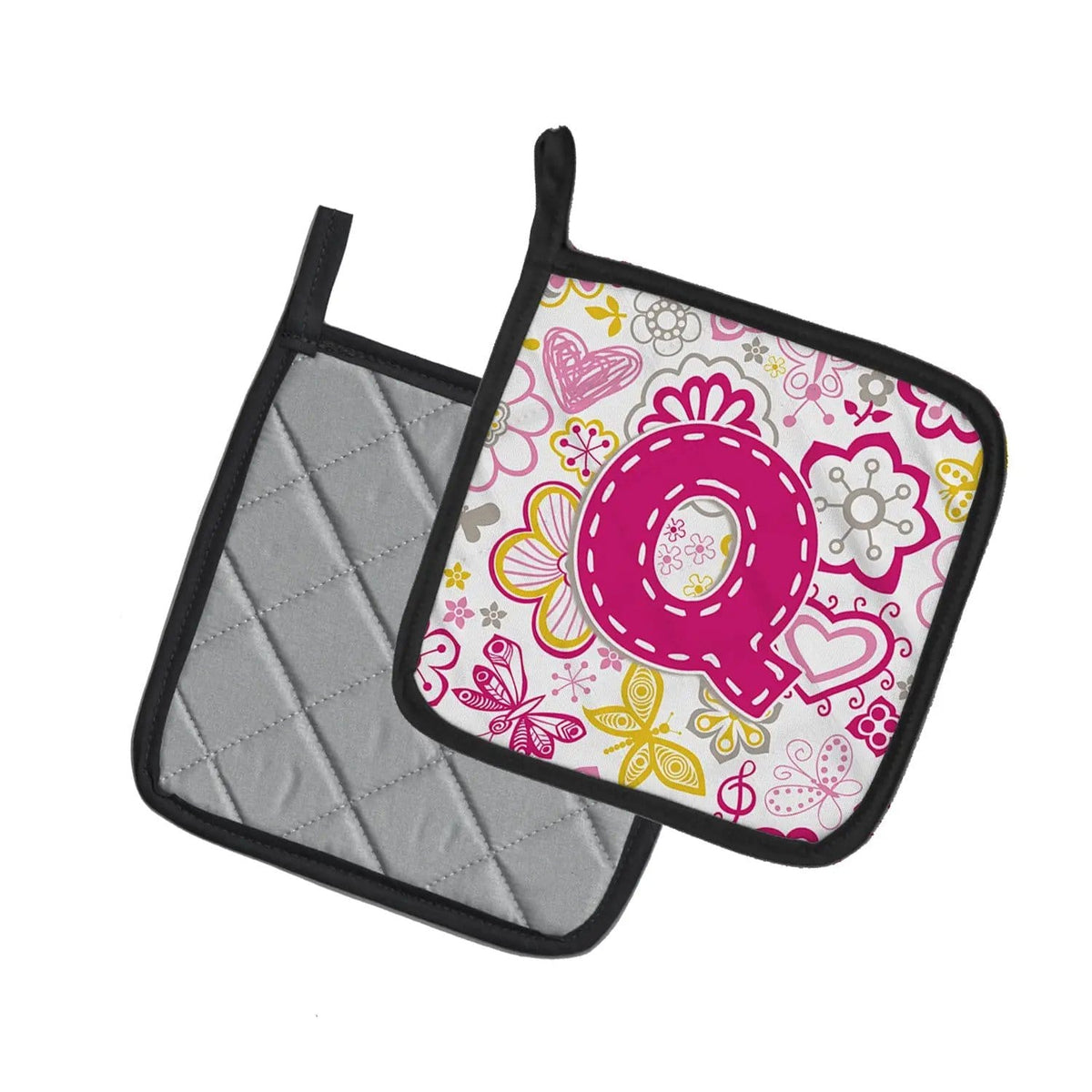 Pot Holder Set of 2 | Heat Resistant Quilted Hot Pads | 7.5 x 7.5 Inch | Letter Q Flowers and Butterflies Pink