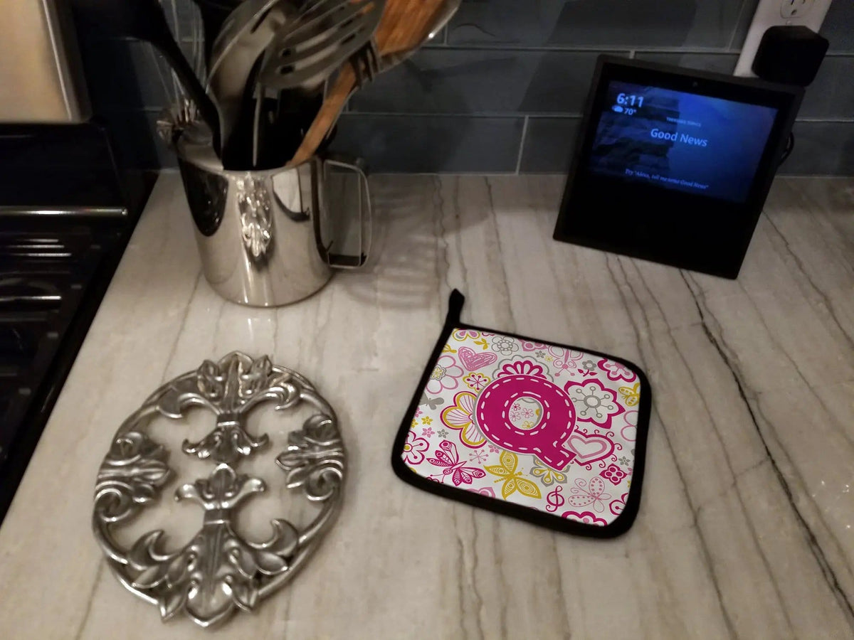 Pot Holder Set of 2 | Heat Resistant Quilted Hot Pads | 7.5 x 7.5 Inch | Letter Q Flowers and Butterflies Pink