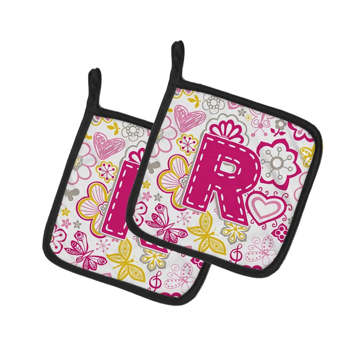 Pot Holder Set of 2 | Heat Resistant Quilted Hot Pads | 7.5 x 7.5 Inch | Letter R Flowers and Butterflies Pink