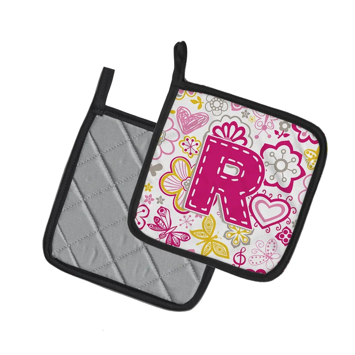 Pot Holder Set of 2 | Heat Resistant Quilted Hot Pads | 7.5 x 7.5 Inch | Letter R Flowers and Butterflies Pink