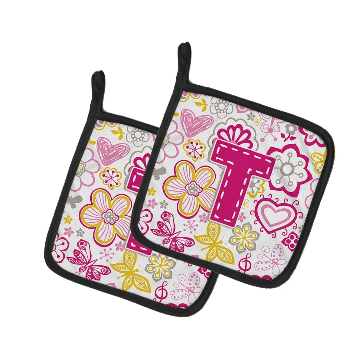 Pot Holder Set of 2 | Heat Resistant Quilted Hot Pads | 7.5 x 7.5 Inch | Letter T Flowers and Butterflies Pink