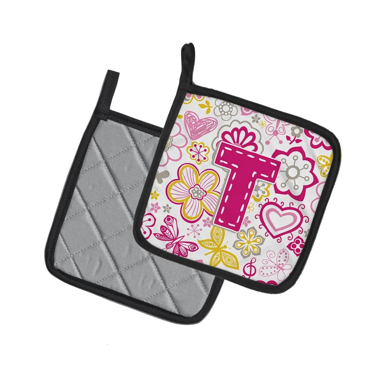 Pot Holder Set of 2 | Heat Resistant Quilted Hot Pads | 7.5 x 7.5 Inch | Letter T Flowers and Butterflies Pink