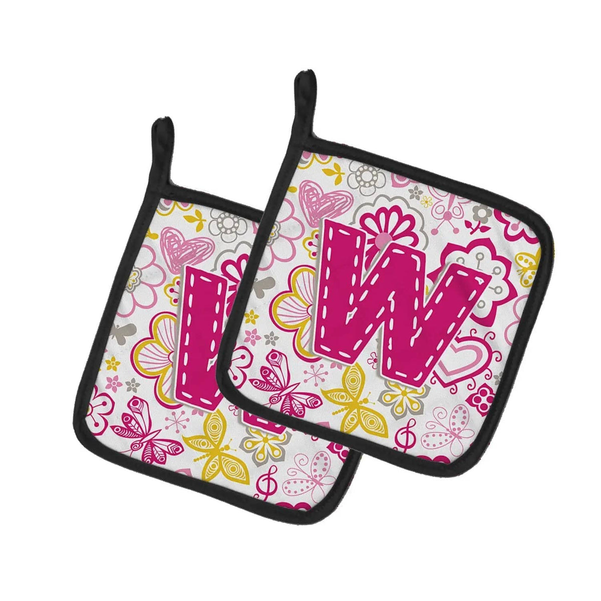 Pot Holder Set of 2 | Heat Resistant Quilted Hot Pads | 7.5 x 7.5 Inch | Letter W Flowers and Butterflies Pink