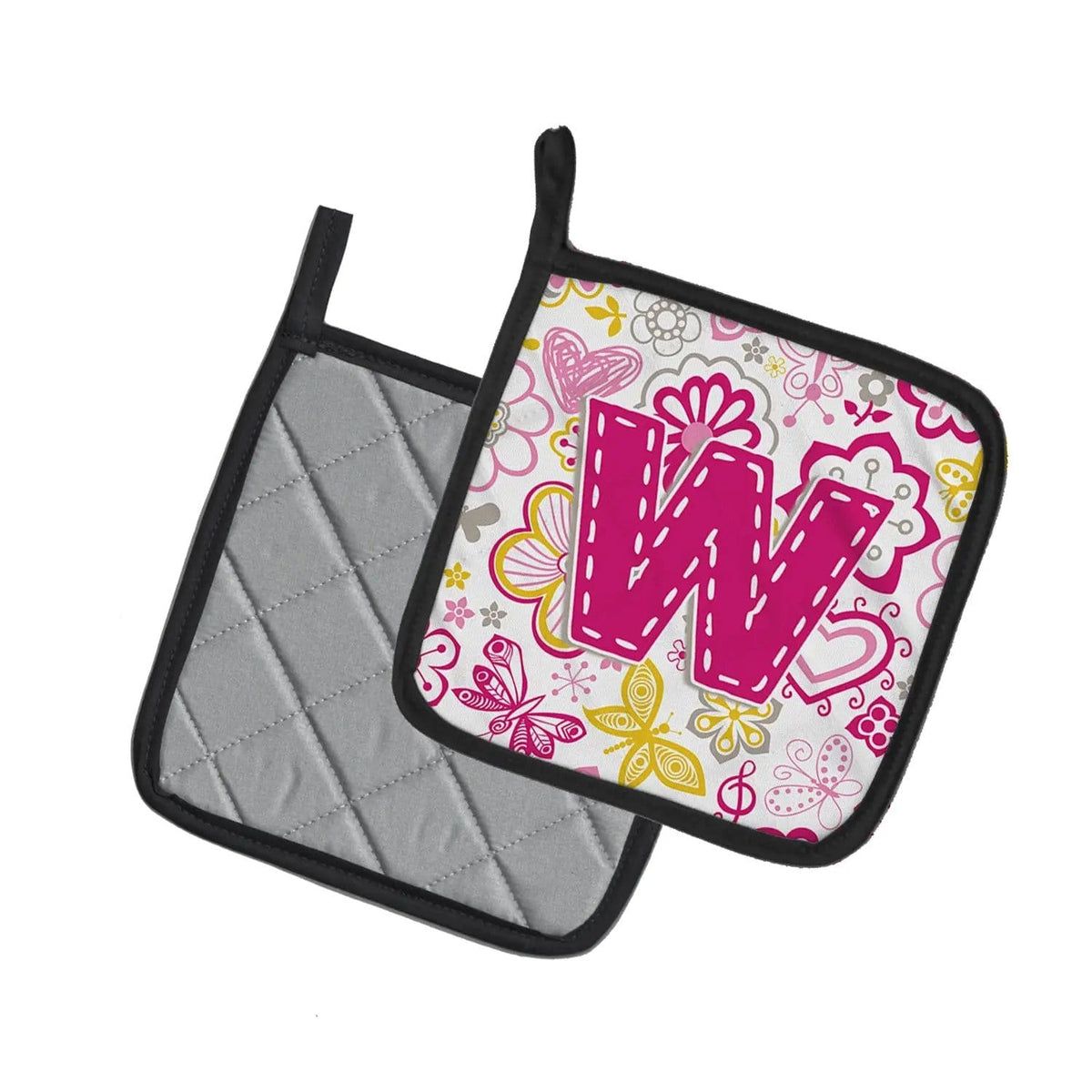 Pot Holder Set of 2 | Heat Resistant Quilted Hot Pads | 7.5 x 7.5 Inch | Letter W Flowers and Butterflies Pink