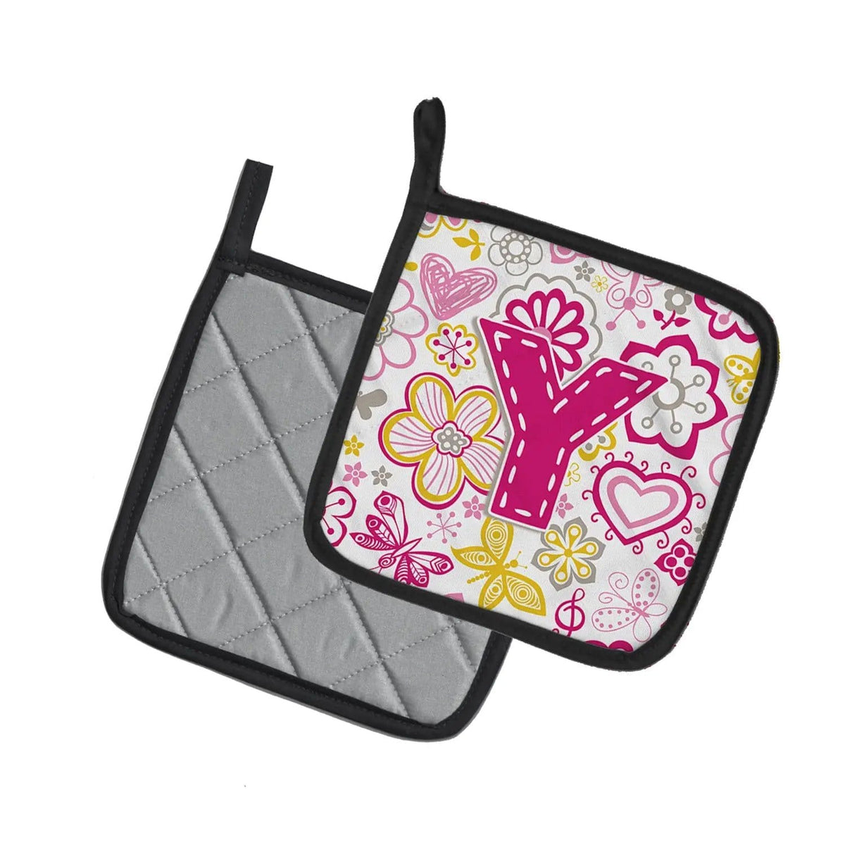 Pot Holder Set of 2 | Heat Resistant Quilted Hot Pads | 7.5 x 7.5 Inch | Letter Y Flowers and Butterflies Pink