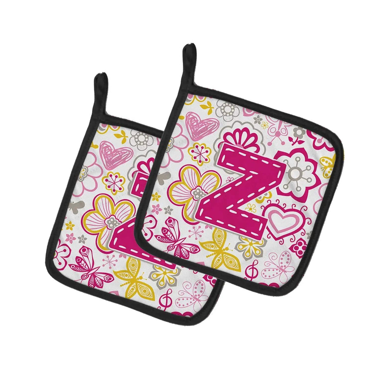 Pot Holder Set of 2 | Heat Resistant Quilted Hot Pads | 7.5 x 7.5 Inch | Letter Z Flowers and Butterflies Pink