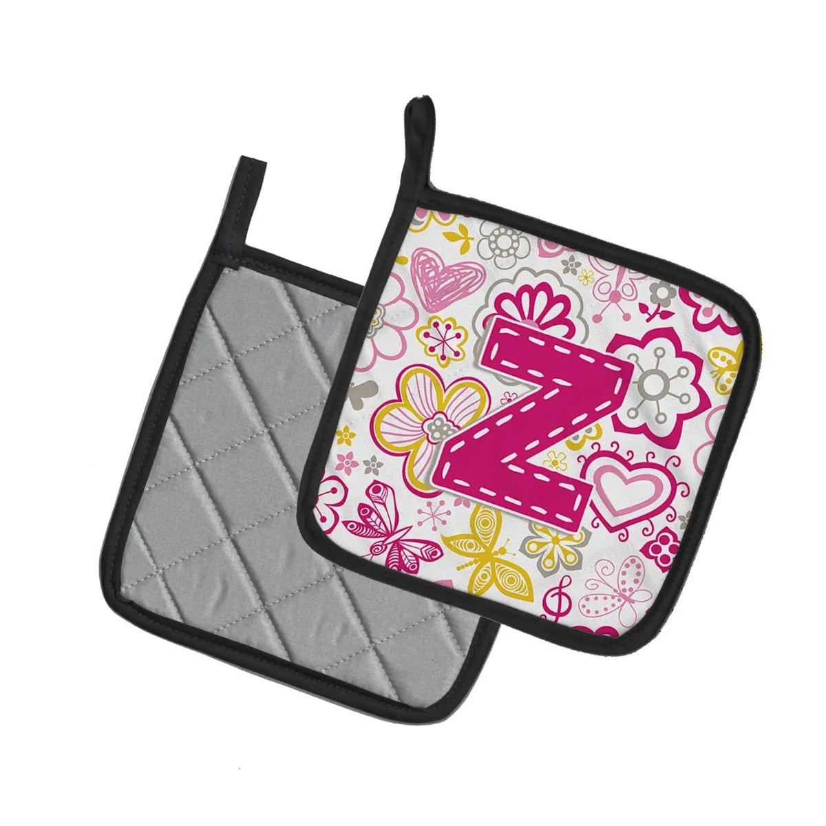 Pot Holder Set of 2 | Heat Resistant Quilted Hot Pads | 7.5 x 7.5 Inch | Letter Z Flowers and Butterflies Pink