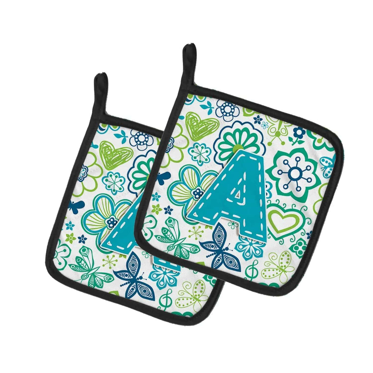 Pot Holder Set of 2 | Heat Resistant Quilted Hot Pads | 7.5 x 7.5 Inch | Letter A Flowers and Butterflies Teal Blue