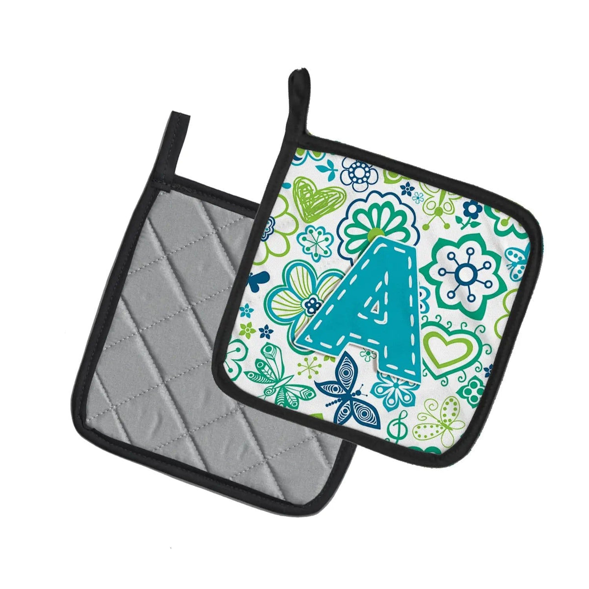 Pot Holder Set of 2 | Heat Resistant Quilted Hot Pads | 7.5 x 7.5 Inch | Letter A Flowers and Butterflies Teal Blue