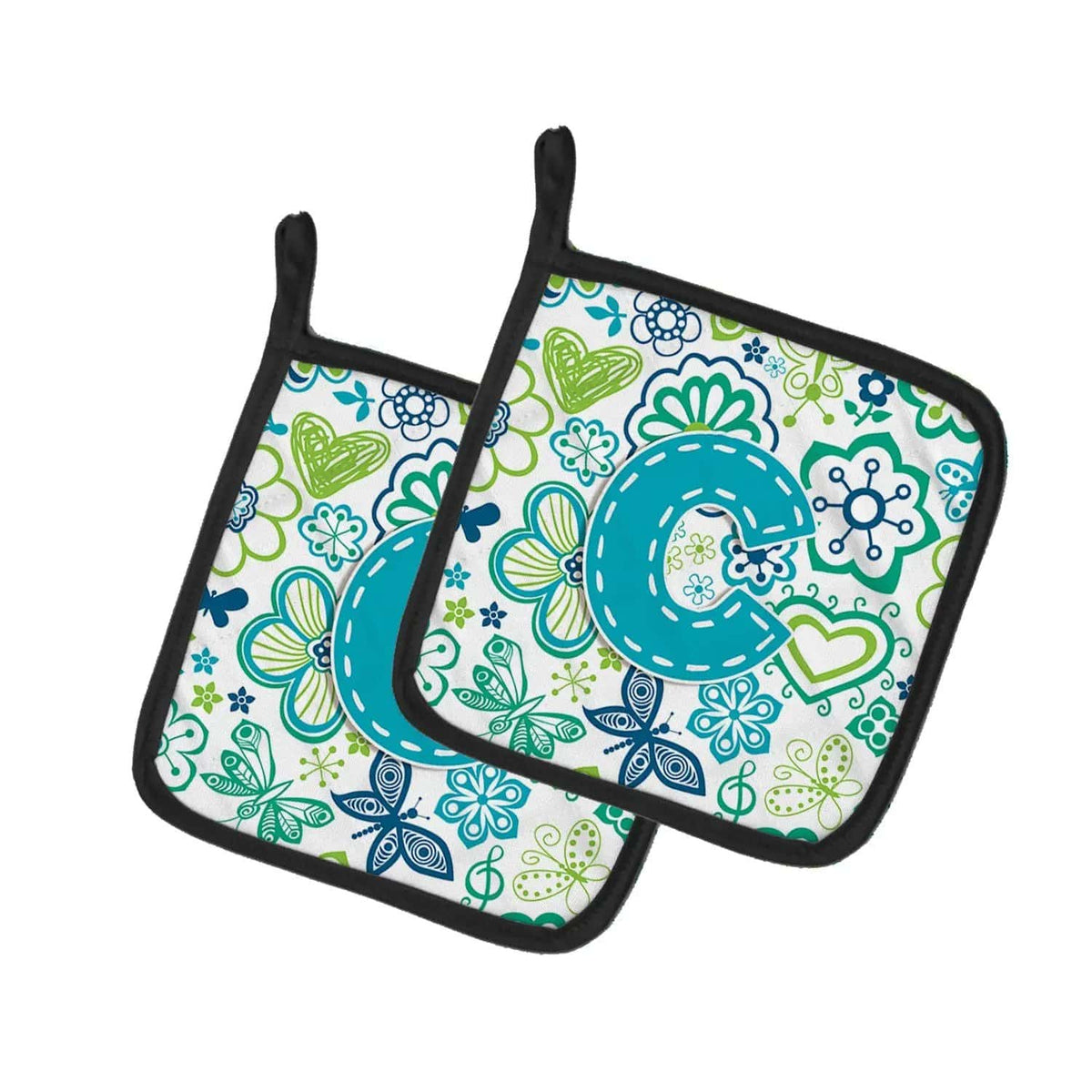 Pot Holder Set of 2 | Heat Resistant Quilted Hot Pads | 7.5 x 7.5 Inch | Letter C Flowers and Butterflies Teal Blue