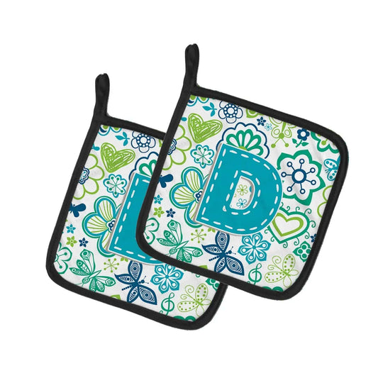 Pot Holder Set of 2 | Heat Resistant Quilted Hot Pads | 7.5 x 7.5 Inch | Letter D Flowers and Butterflies Teal Blue