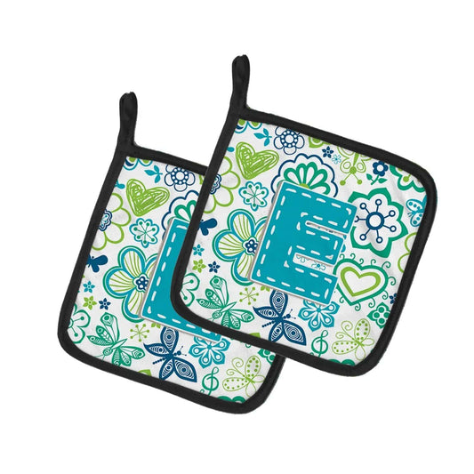 Pot Holder Set of 2 | Heat Resistant Quilted Hot Pads | 7.5 x 7.5 Inch | Letter E Flowers and Butterflies Teal Blue