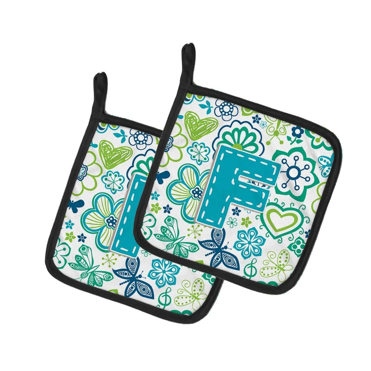 Pot Holder Set of 2 | Heat Resistant Quilted Hot Pads | 7.5 x 7.5 Inch | Letter F Flowers and Butterflies Teal Blue