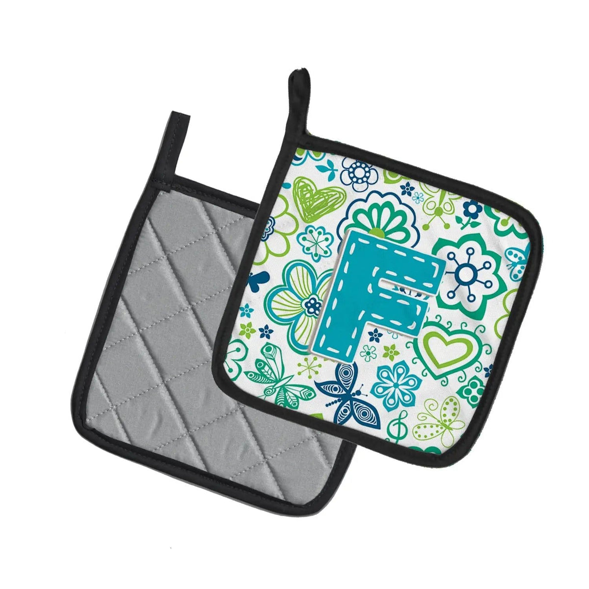 Pot Holder Set of 2 | Heat Resistant Quilted Hot Pads | 7.5 x 7.5 Inch | Letter F Flowers and Butterflies Teal Blue