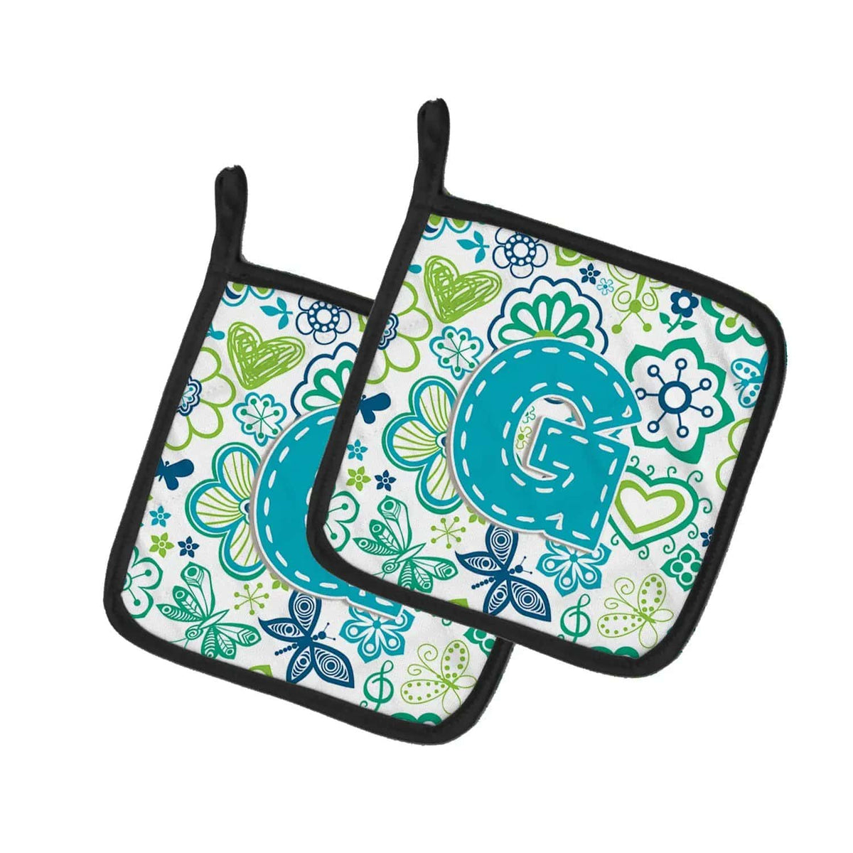 Pot Holder Set of 2 | Heat Resistant Quilted Hot Pads | 7.5 x 7.5 Inch | Letter G Flowers and Butterflies Teal Blue