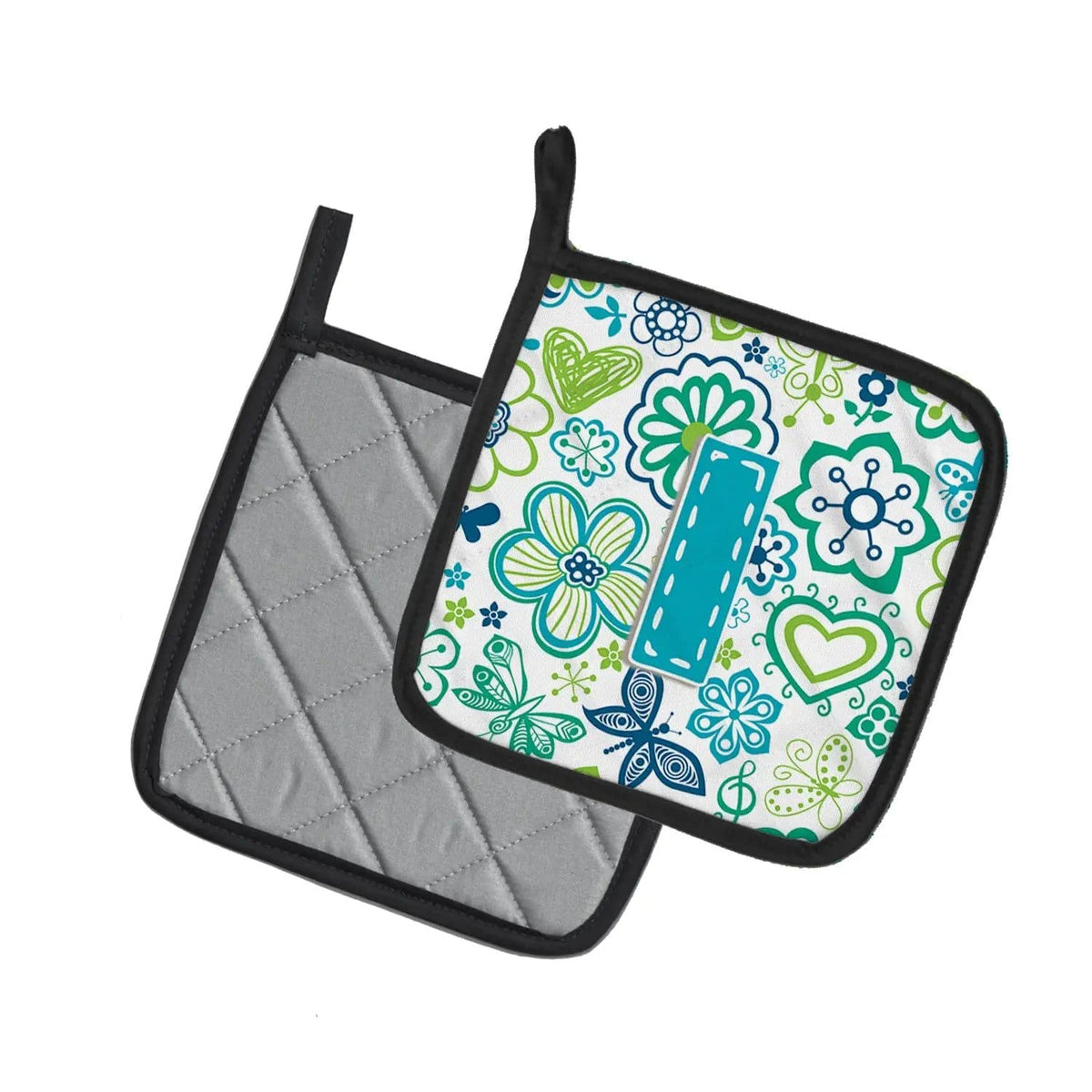 Pot Holder Set of 2 | Heat Resistant Quilted Hot Pads | 7.5 x 7.5 Inch | Letter I Flowers and Butterflies Teal Blue