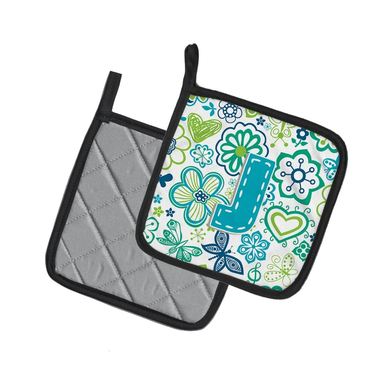 Pot Holder Set of 2 | Heat Resistant Quilted Hot Pads | 7.5 x 7.5 Inch | Letter J Flowers and Butterflies Teal Blue