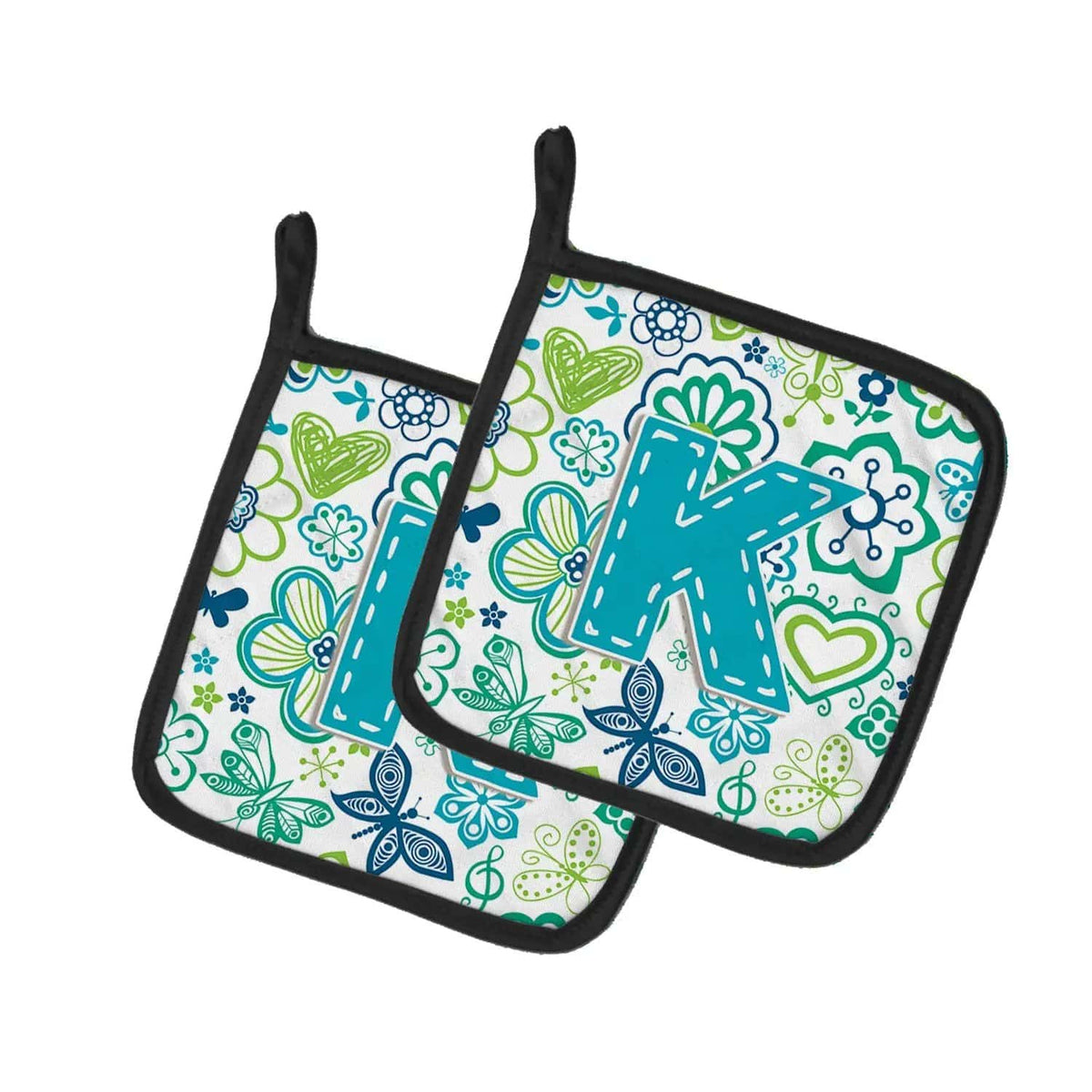 Pot Holder Set of 2 | Heat Resistant Quilted Hot Pads | 7.5 x 7.5 Inch | Letter K Flowers and Butterflies Teal Blue