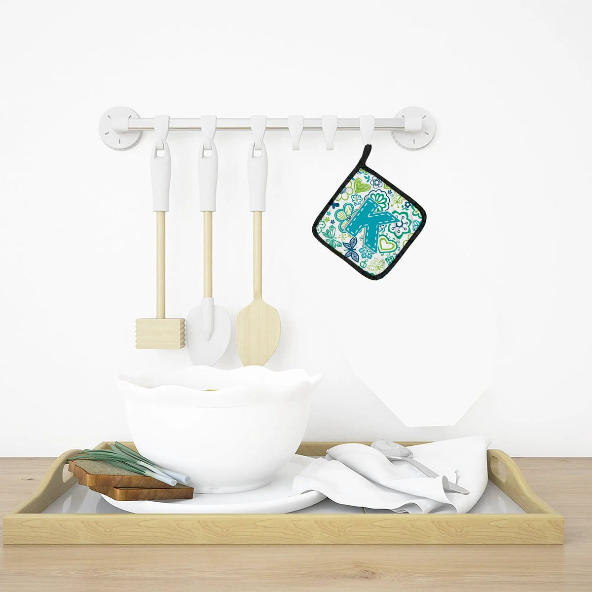 Pot Holder Set of 2 | Heat Resistant Quilted Hot Pads | 7.5 x 7.5 Inch | Letter K Flowers and Butterflies Teal Blue