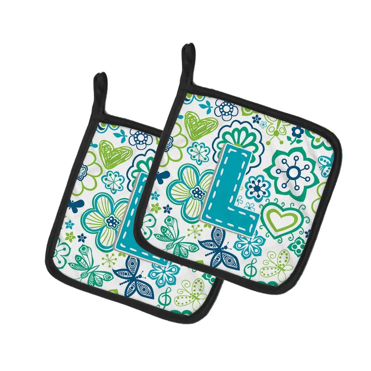 Pot Holder Set of 2 | Heat Resistant Quilted Hot Pads | 7.5 x 7.5 Inch | Letter L Flowers and Butterflies Teal Blue