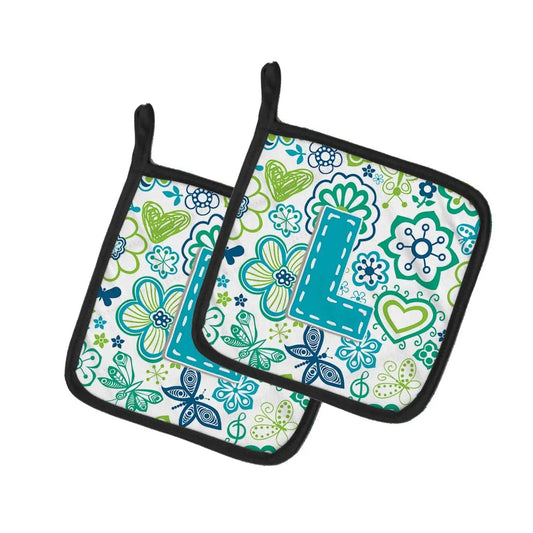 Pot Holder Set of 2 | Heat Resistant Quilted Hot Pads | 7.5 x 7.5 Inch | Letter L Flowers and Butterflies Teal Blue