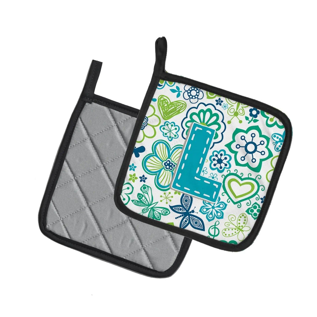 Pot Holder Set of 2 | Heat Resistant Quilted Hot Pads | 7.5 x 7.5 Inch | Letter L Flowers and Butterflies Teal Blue