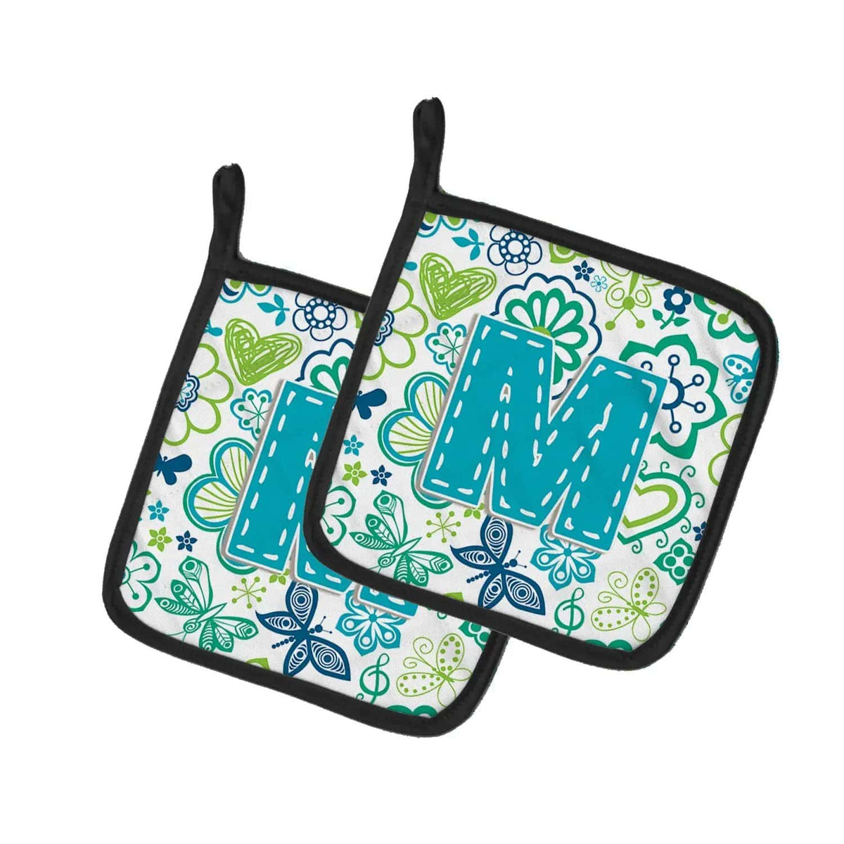 Pot Holder Set of 2 | Heat Resistant Quilted Hot Pads | 7.5 x 7.5 Inch | Letter M Flowers and Butterflies Teal Blue