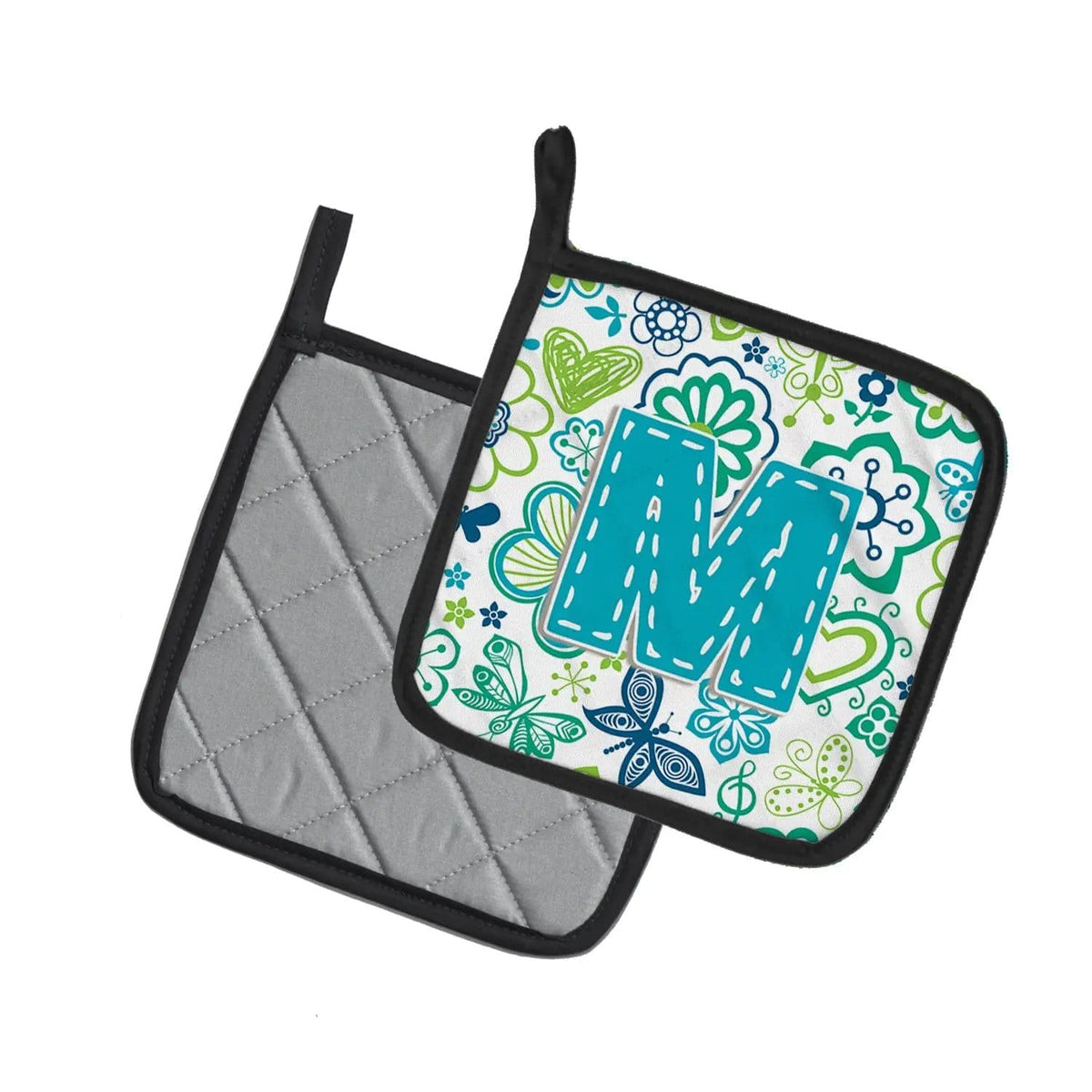 Pot Holder Set of 2 | Heat Resistant Quilted Hot Pads | 7.5 x 7.5 Inch | Letter M Flowers and Butterflies Teal Blue