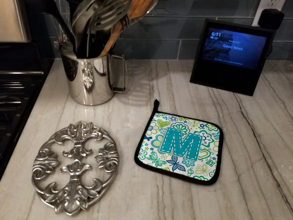Pot Holder Set of 2 | Heat Resistant Quilted Hot Pads | 7.5 x 7.5 Inch | Letter M Flowers and Butterflies Teal Blue