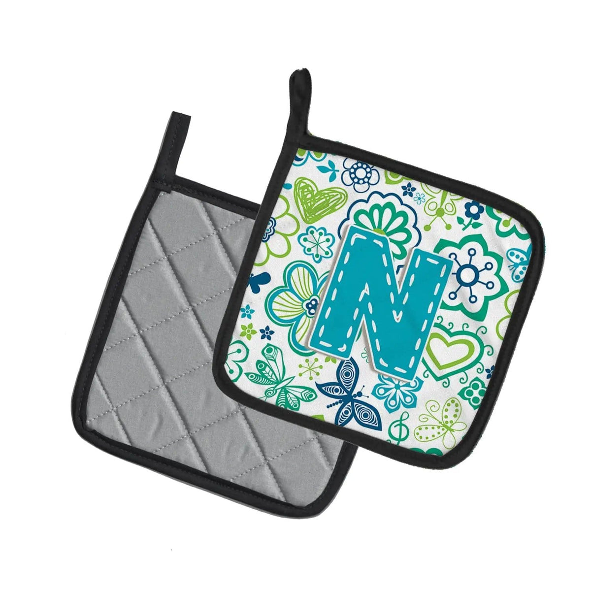 Pot Holder Set of 2 | Heat Resistant Quilted Hot Pads | 7.5 x 7.5 Inch | Letter N Flowers and Butterflies Teal Blue