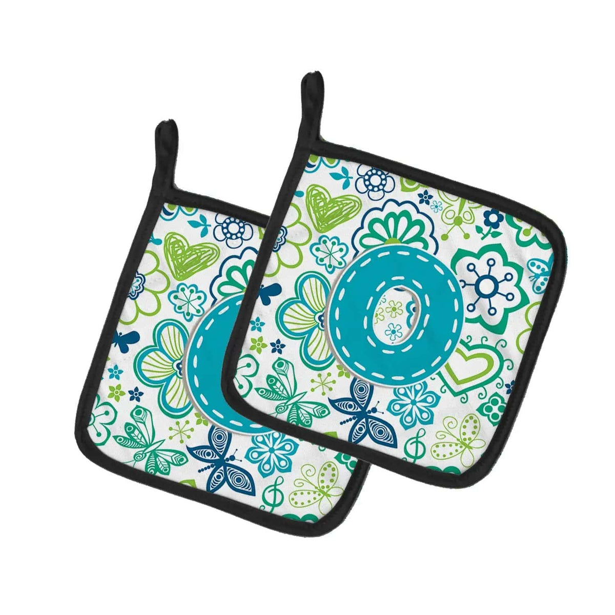 Pot Holder Set of 2 | Heat Resistant Quilted Hot Pads | 7.5 x 7.5 Inch | Letter O Flowers and Butterflies Teal Blue