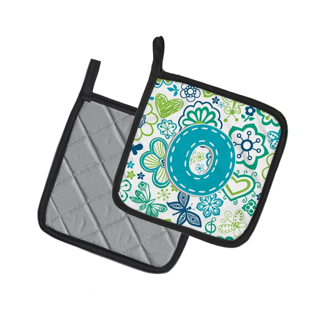 Pot Holder Set of 2 | Heat Resistant Quilted Hot Pads | 7.5 x 7.5 Inch | Letter O Flowers and Butterflies Teal Blue