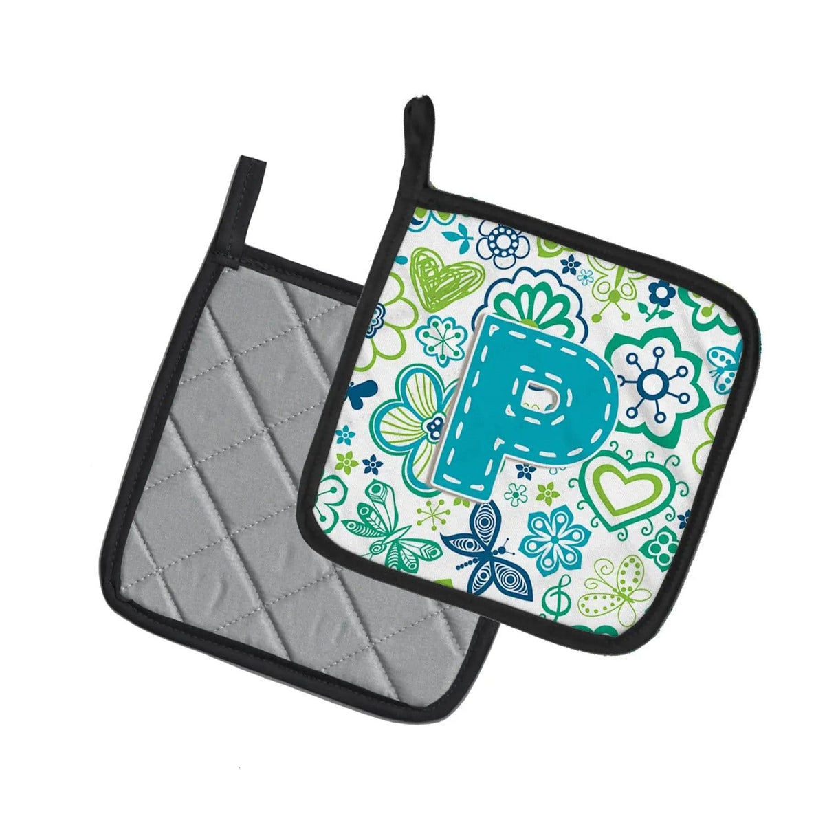 Pot Holder Set of 2 | Heat Resistant Quilted Hot Pads | 7.5 x 7.5 Inch | Letter P Flowers and Butterflies Teal Blue
